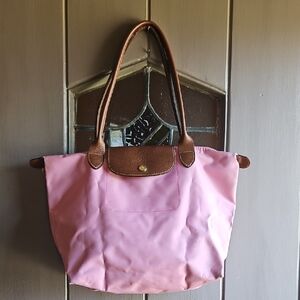 Longchamp Pink Tote with Brown Trim